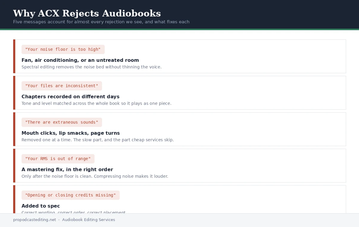 Audiobook Editing service 4 Five common ACX audiobook rejection reasons and the post-production fix for each
