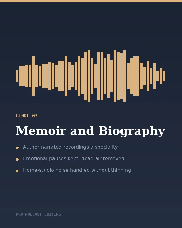 Audiobook editing for memoir and biography: author-narrated home recordings cleaned without thinning the voice