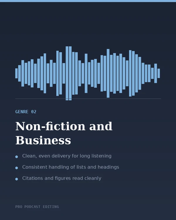 Audiobook editing for non-fiction and business titles: even delivery for long listening sessions