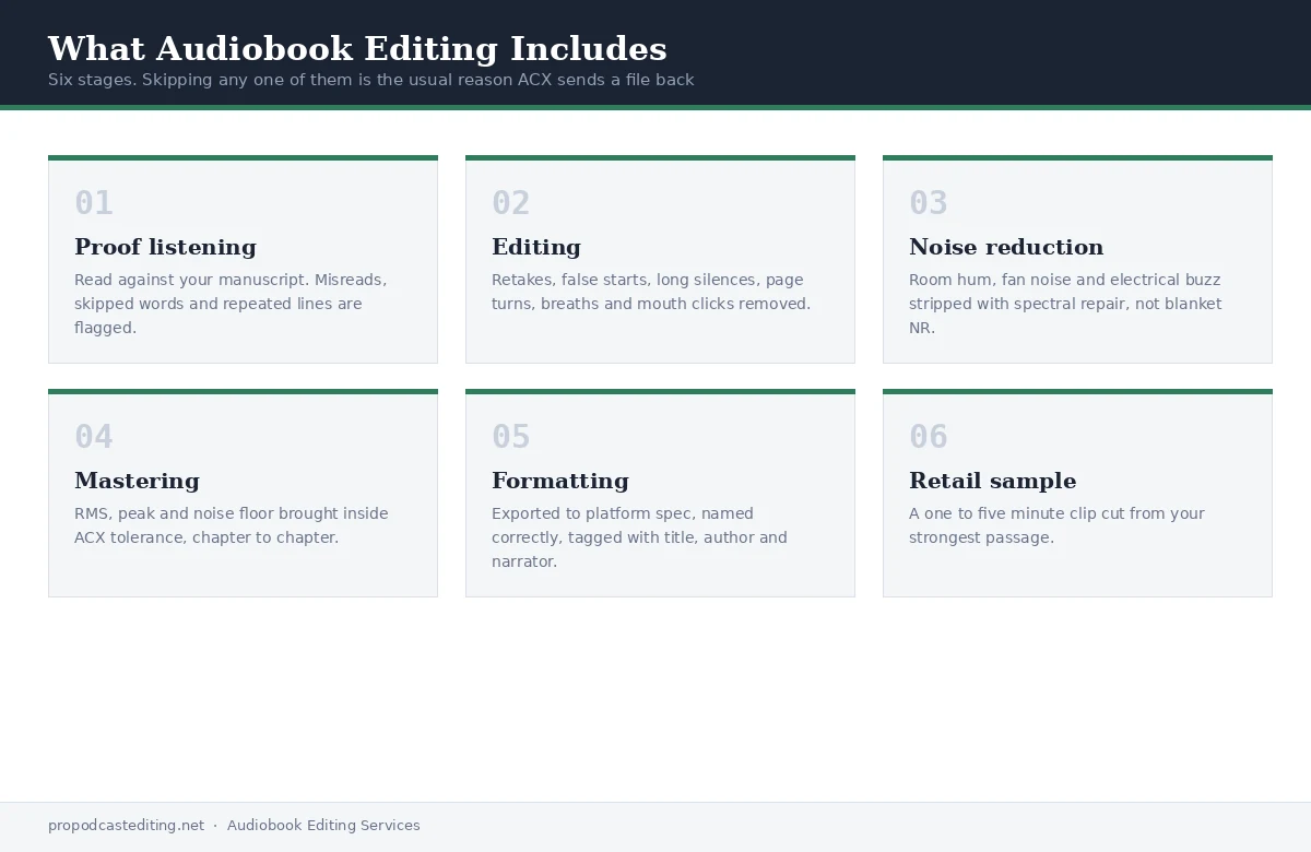 Audiobook Editing service 2 The six stages of audiobook editing: proof listening, editing, noise reduction, mastering, formatting and retail sample