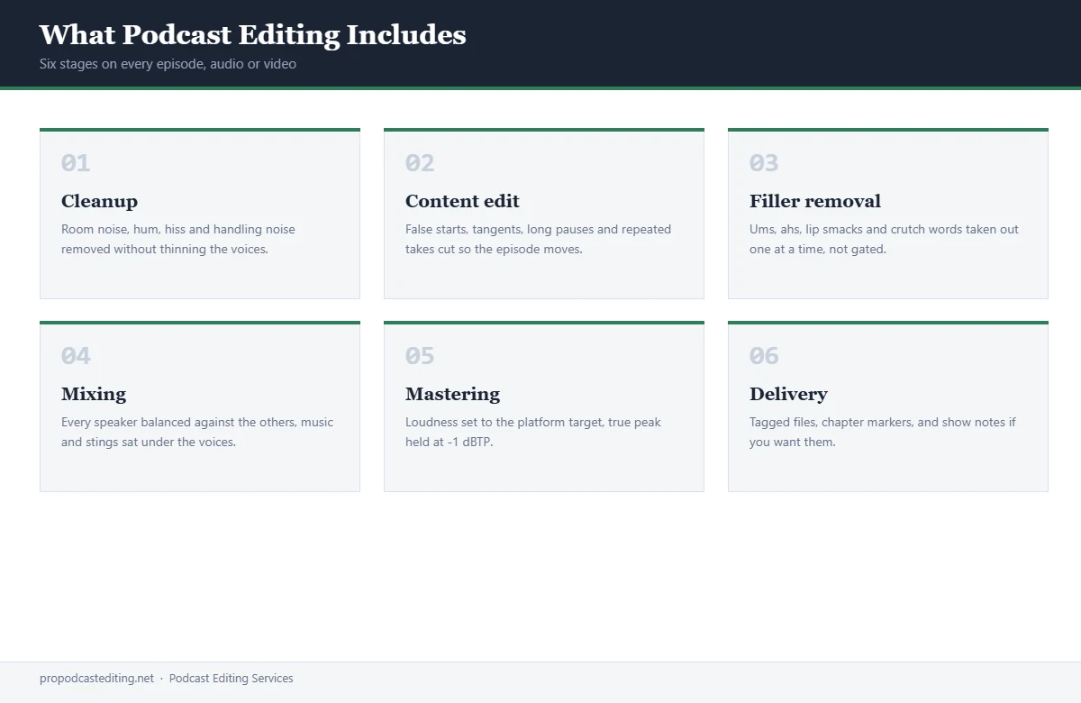 The six stages of podcast editing: cleanup, content edit, filler removal, mixing, mastering and delivery