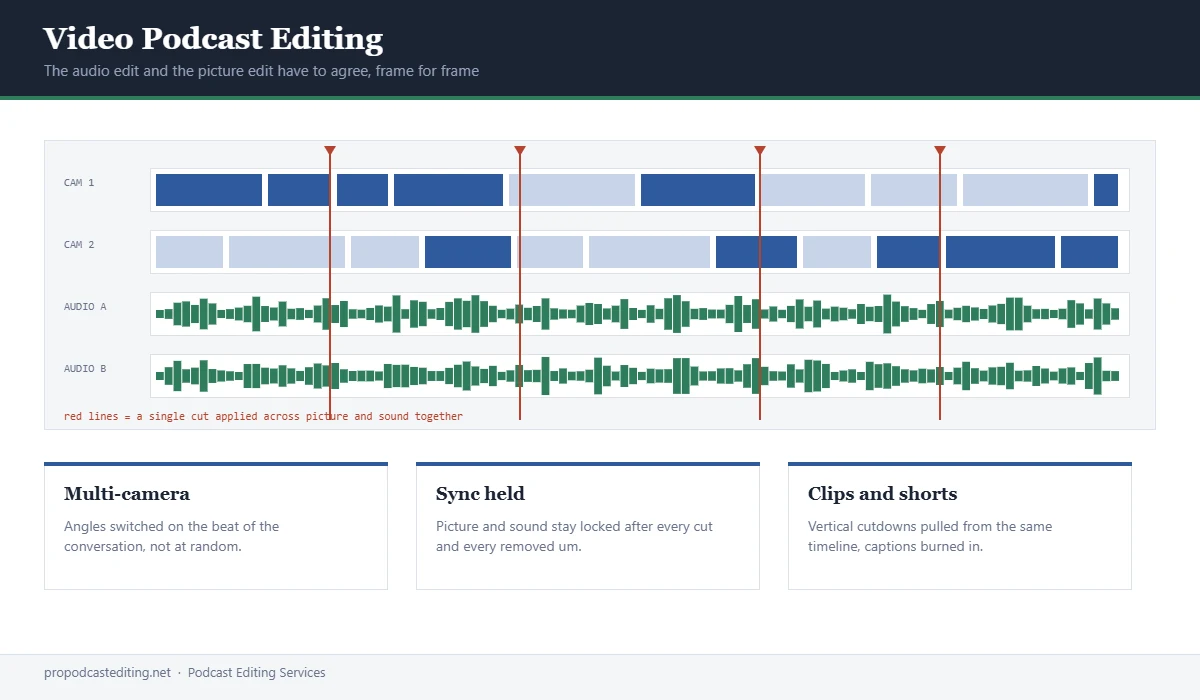 Video podcast editing timeline showing two camera angles and two audio tracks, with cuts applied across picture and sound together